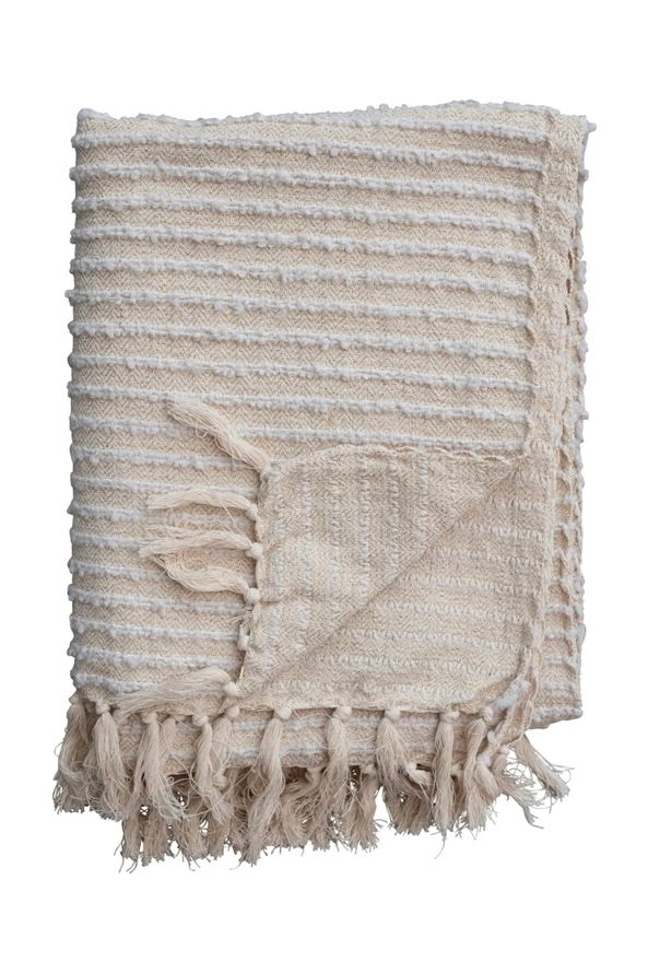 COTTON & ACRYLIC THROW W/ FRINGE, STRIPES & GOLD THREAD