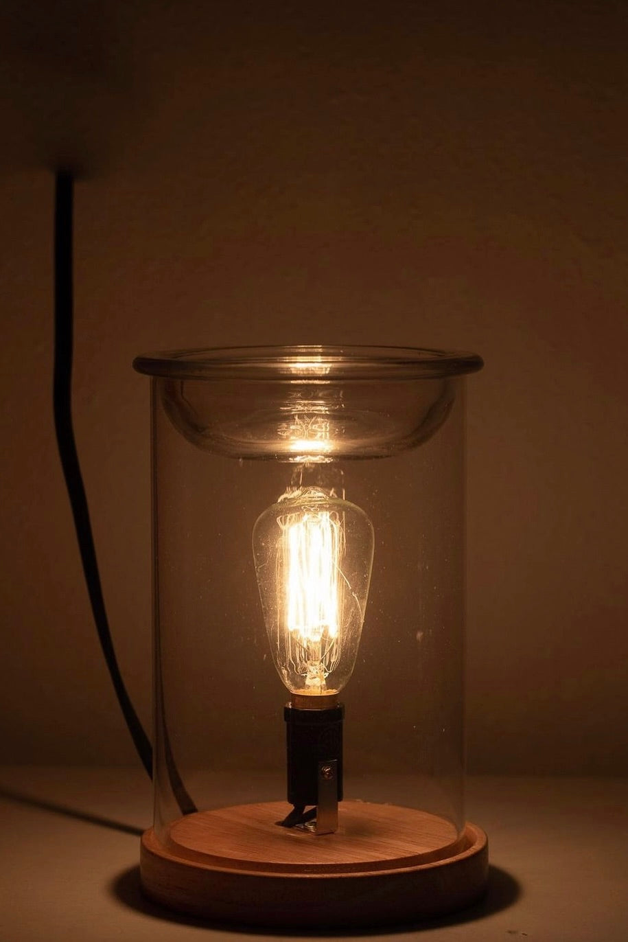 WAX WARMER - WOOD + GLASS W/ EDISON BULB